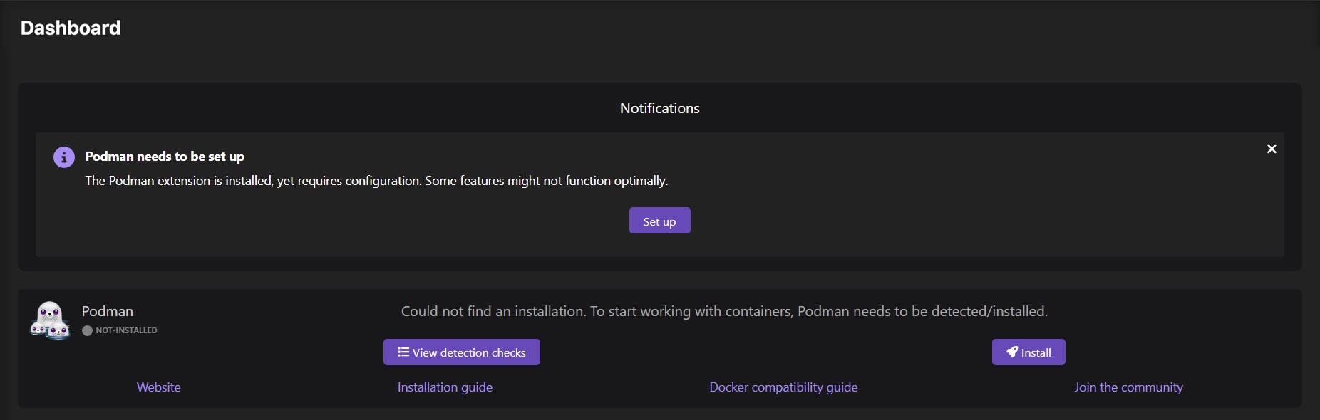 Podman needs set up screen