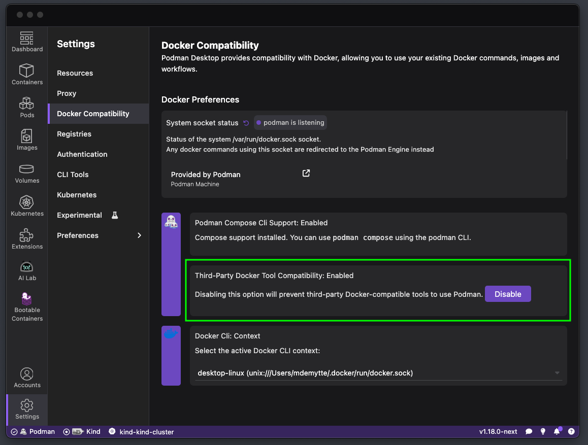 enabling docker compatibility in the settings