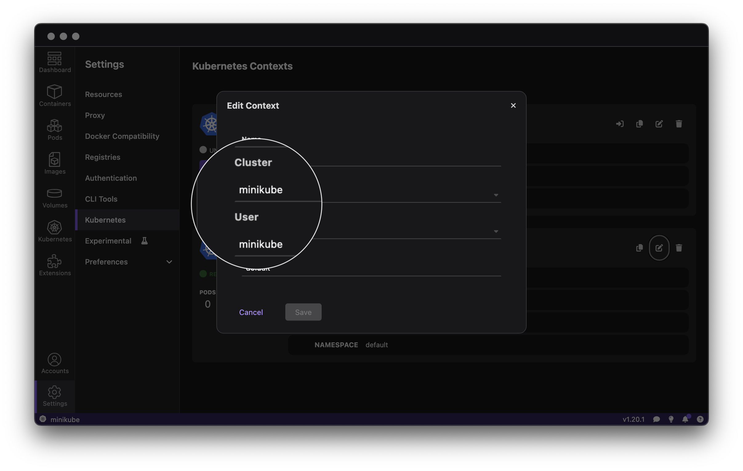 Edit Kubernetes Context page