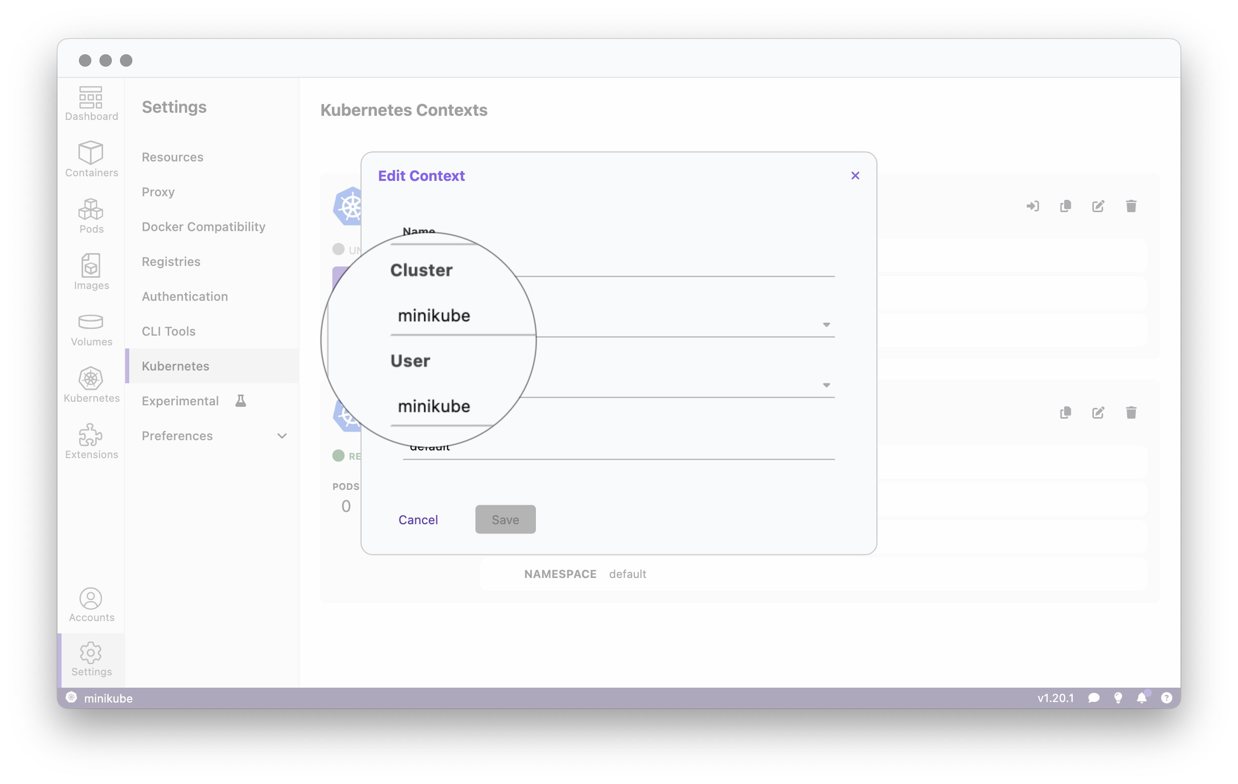 Edit Kubernetes Context page