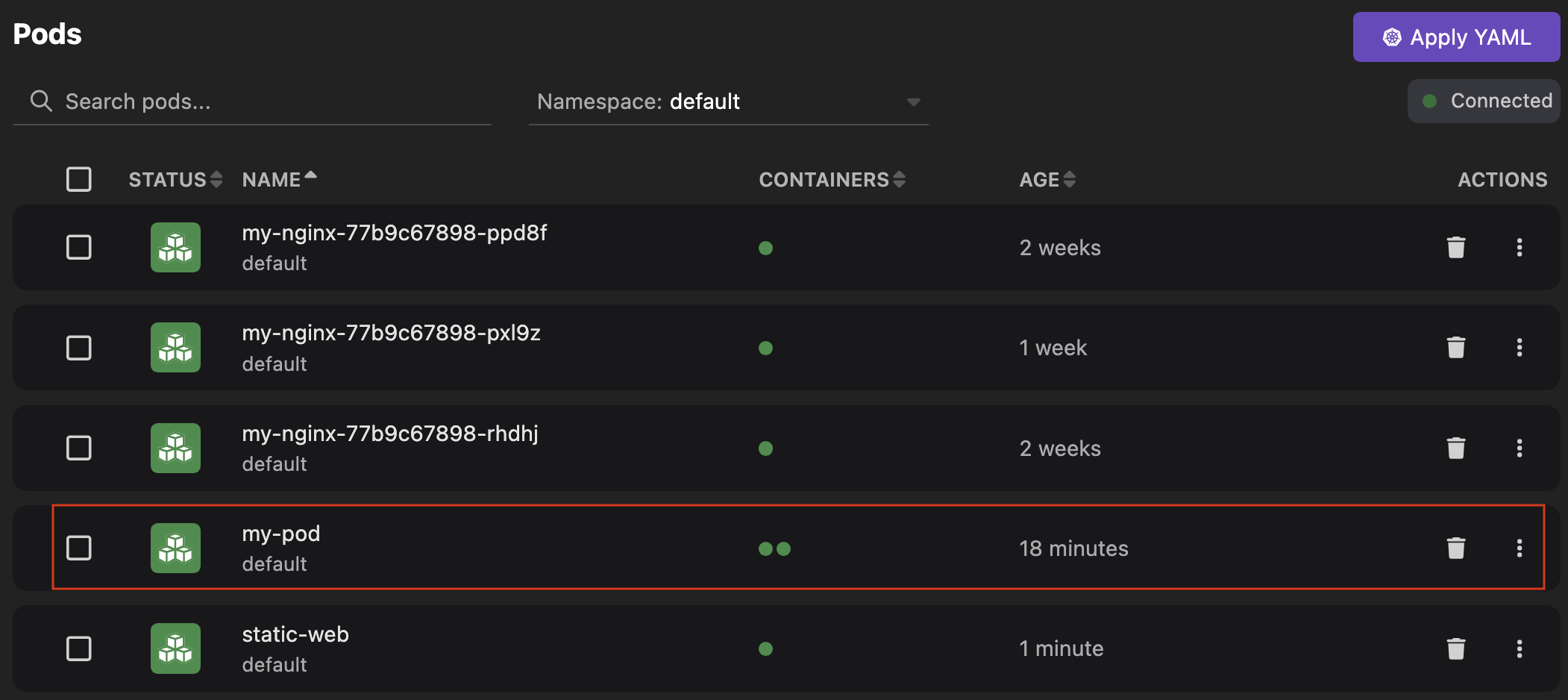 kube pod in the list