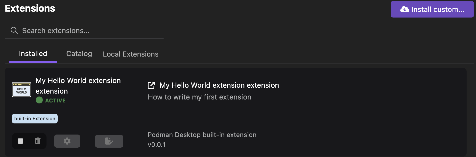 hello world extension in the list