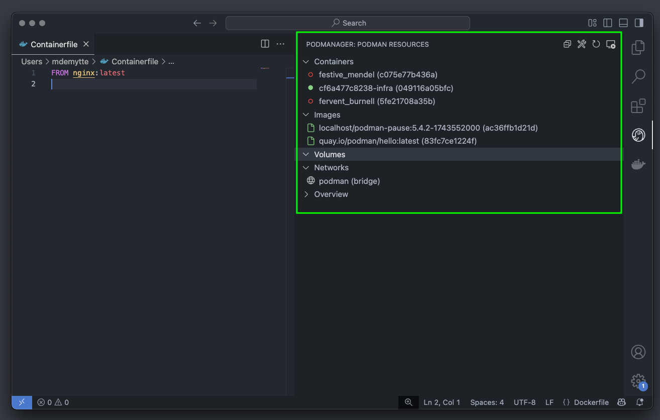 using podmanager to view all the running containers, images and volumes