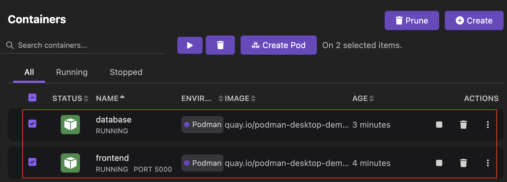 selecting containers