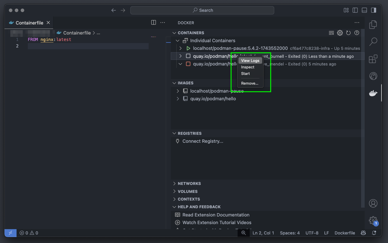 using Container Tools extension to view the logs of the container